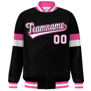 Custom Black White-Pink Color Block Bomber Varsity Full-Snap Baseball Jacket