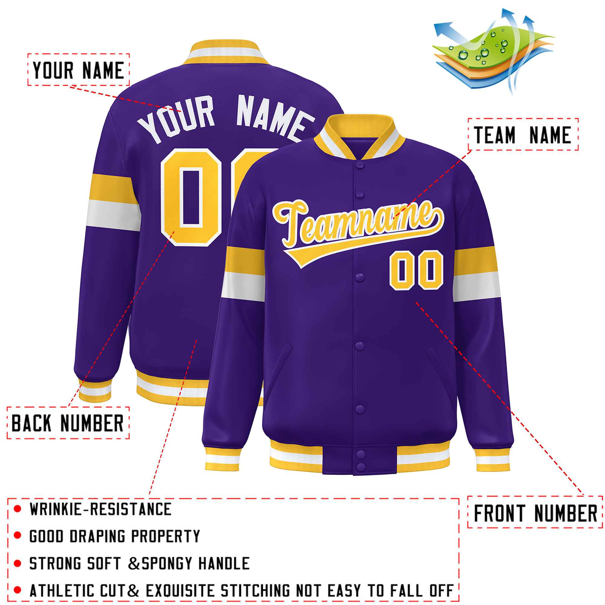 Custom Purple Gold-White Color Block Bomber Varsity Full-Snap Baseball Jacket