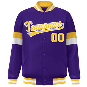 Custom Purple Gold-White Color Block Bomber Varsity Full-Snap Baseball Jacket