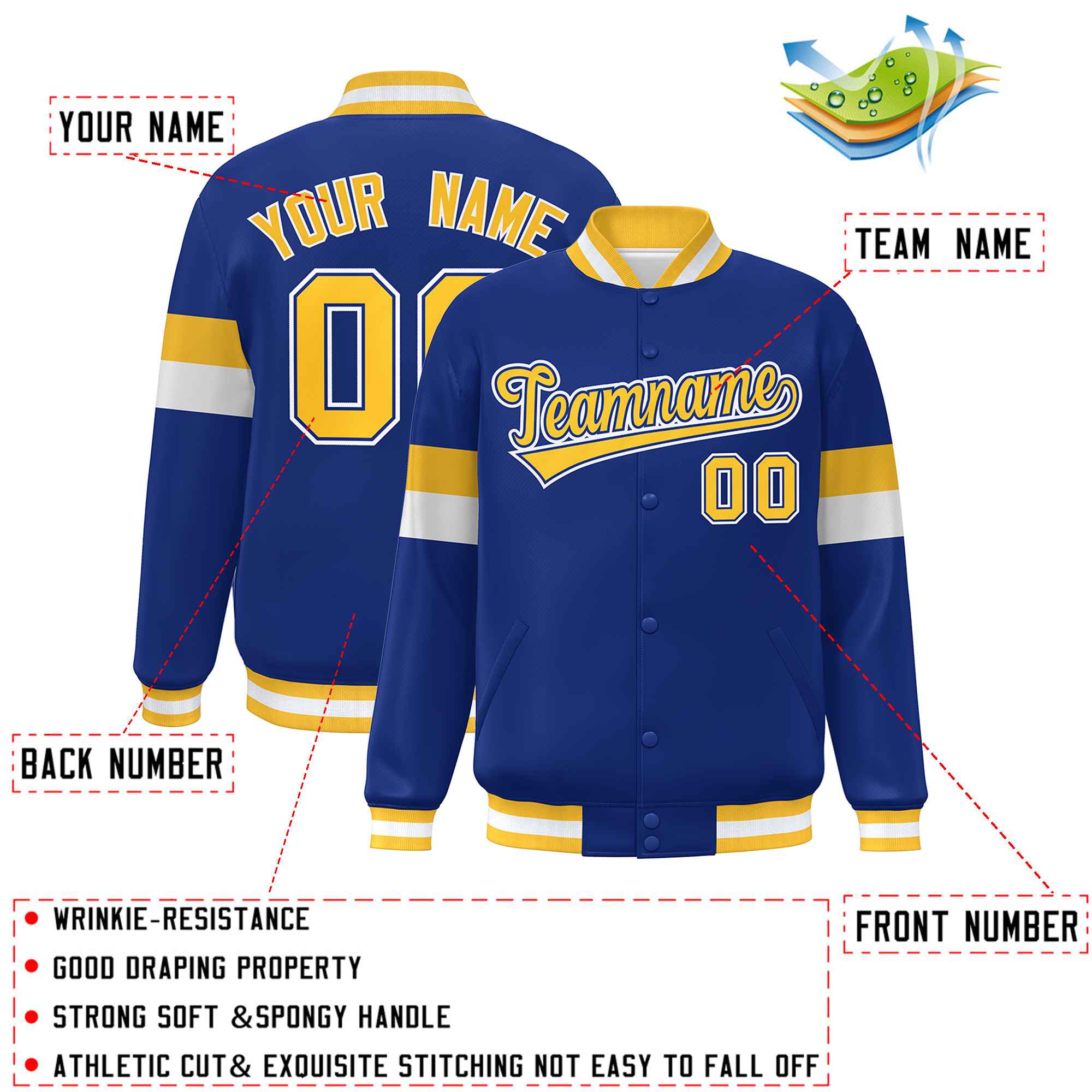 Custom Royal Gold-White Color Block Bomber Varsity Full-Snap Baseball Jacket