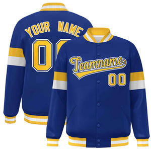 Custom Royal Gold-White Color Block Bomber Varsity Full-Snap Baseball Jacket