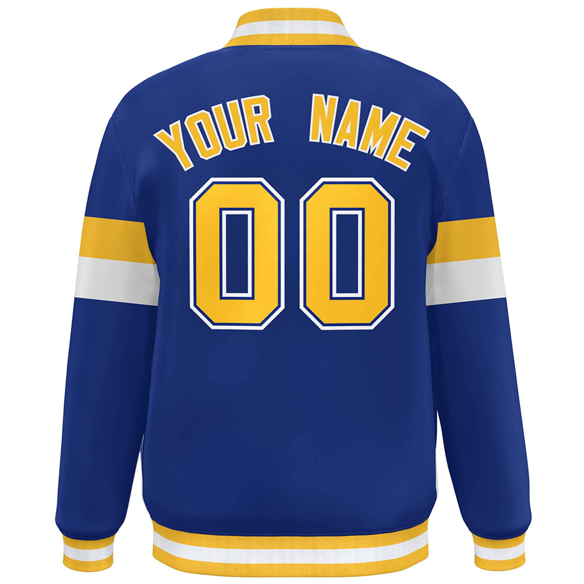 Custom Royal Gold-White Color Block Bomber Varsity Full-Snap Baseball Jacket