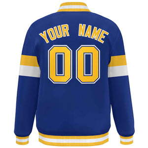 Custom Royal Gold-White Color Block Bomber Varsity Full-Snap Baseball Jacket