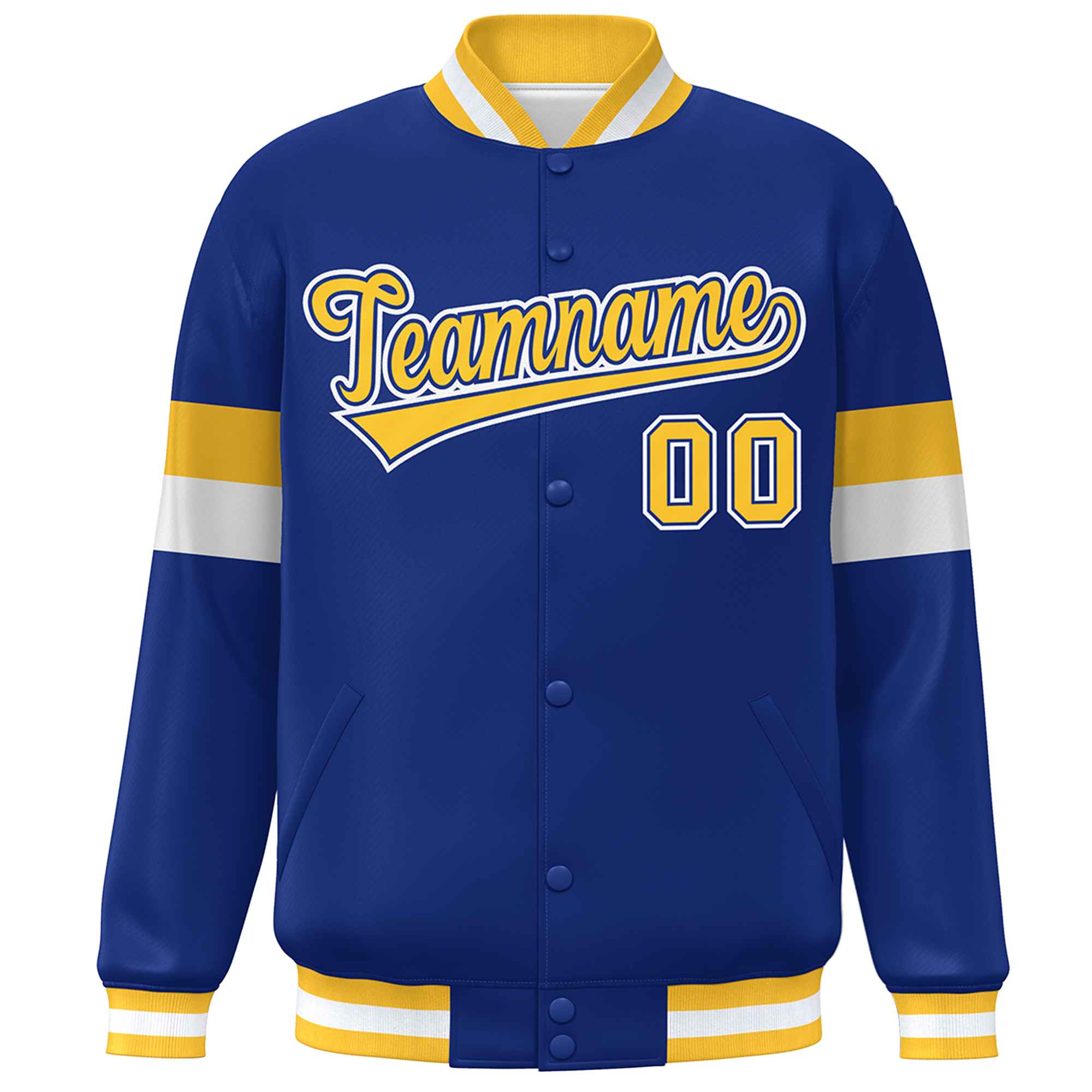 Custom Royal Gold-White Color Block Bomber Varsity Full-Snap Baseball Jacket