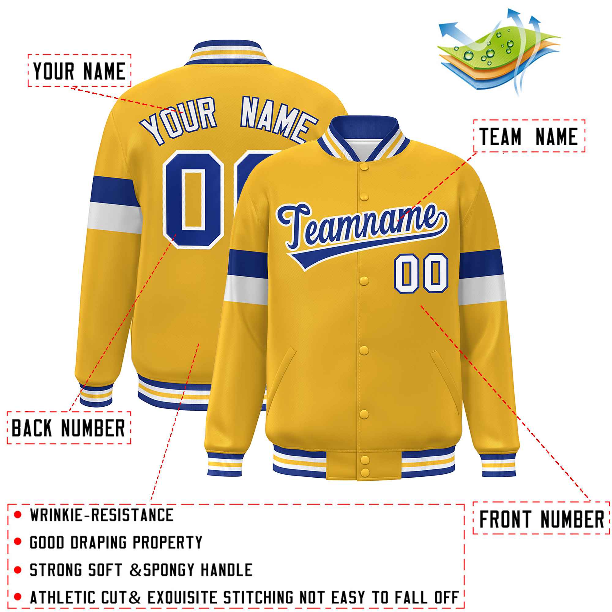 Custom Gold Royal-White Color Block Bomber Varsity Full-Snap Baseball Jacket