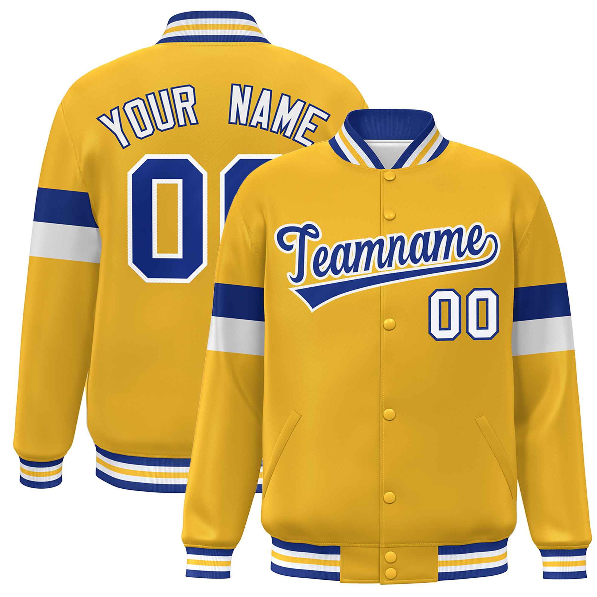 Custom Gold Royal-White Color Block Bomber Varsity Full-Snap Baseball Jacket