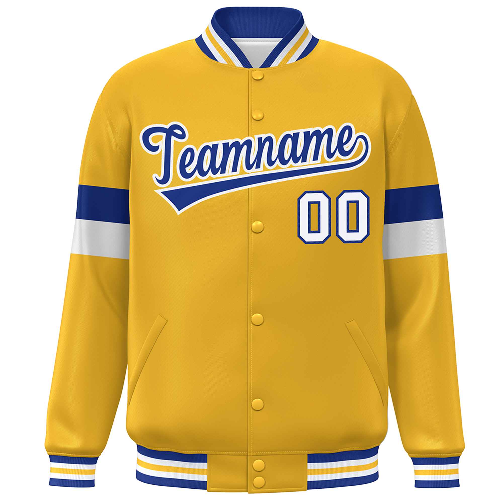 Custom Gold Royal-White Color Block Bomber Varsity Full-Snap Baseball Jacket