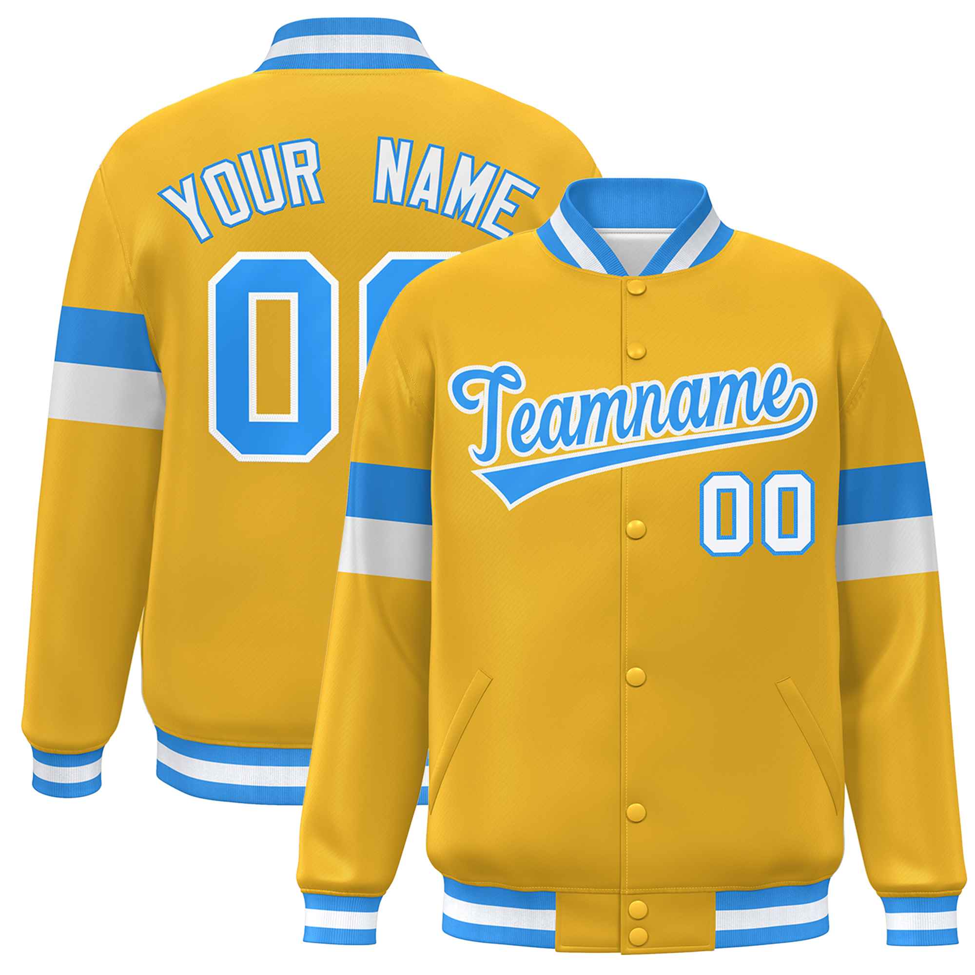 Custom Gold Powder Blue-White Color Block Bomber Varsity Full-Snap Baseball Jacket