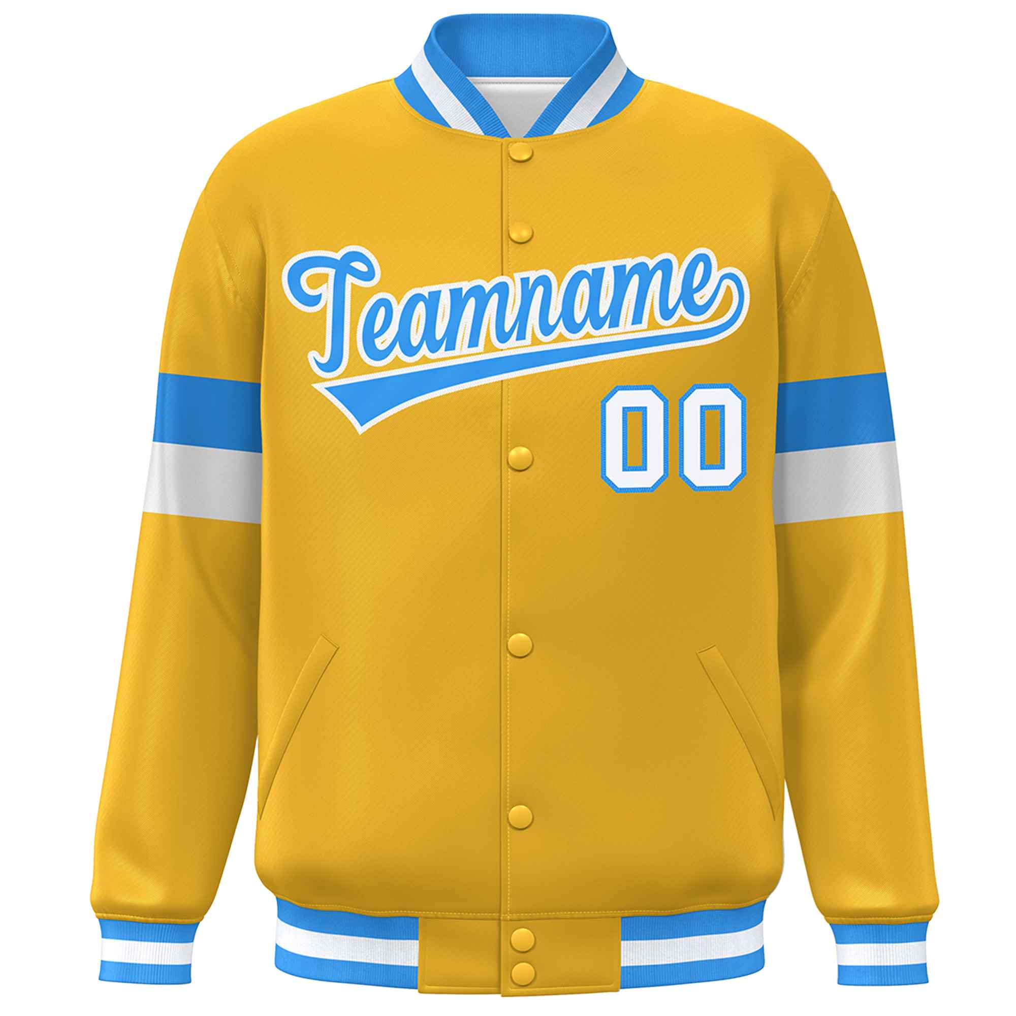 Custom Gold Powder Blue-White Color Block Bomber Varsity Full-Snap Baseball Jacket