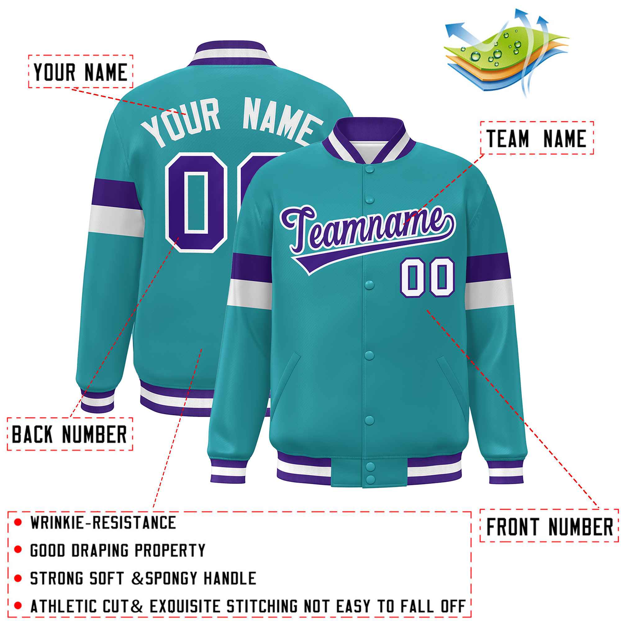 Custom Aqua Purple-White Color Block Bomber Varsity Full-Snap Baseball Jacket