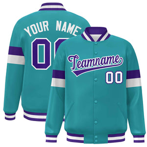 Custom Aqua Purple-White Color Block Bomber Varsity Full-Snap Baseball Jacket