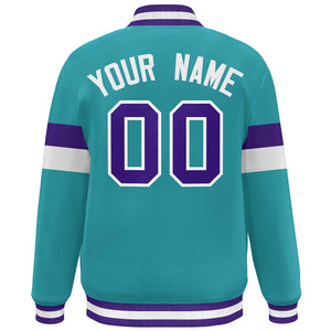 Custom Aqua Purple-White Color Block Bomber Varsity Full-Snap Baseball Jacket