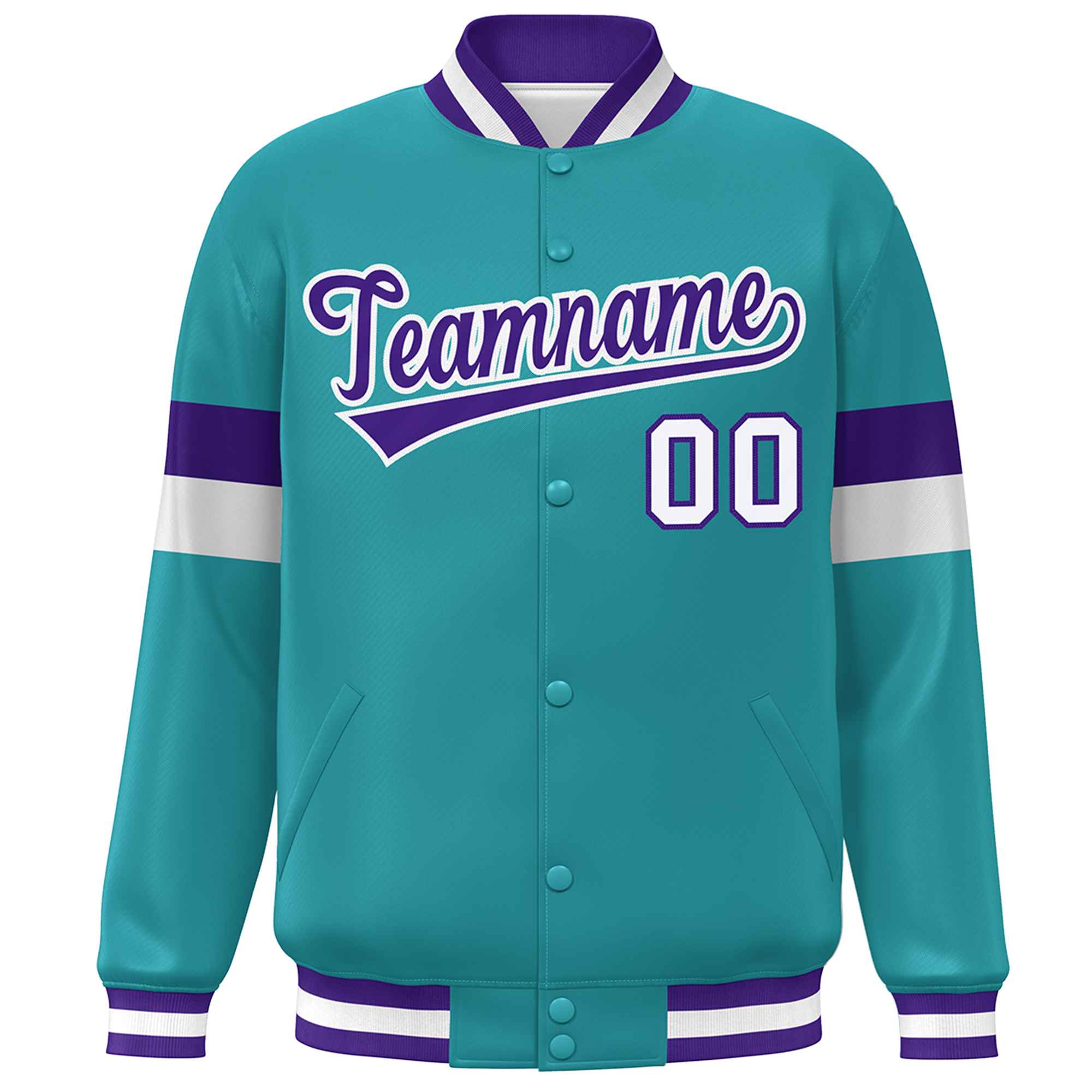 Custom Aqua Purple-White Color Block Bomber Varsity Full-Snap Baseball Jacket