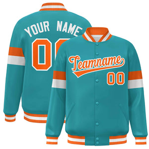 Custom Aqua Orange-White Color Block Bomber Varsity Full-Snap Baseball Jacket