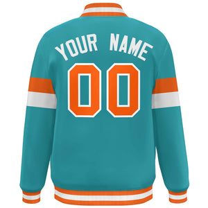 Custom Aqua Orange-White Color Block Bomber Varsity Full-Snap Baseball Jacket