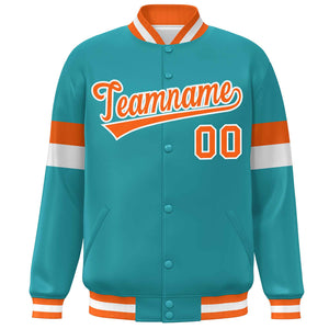 Custom Aqua Orange-White Color Block Bomber Varsity Full-Snap Baseball Jacket