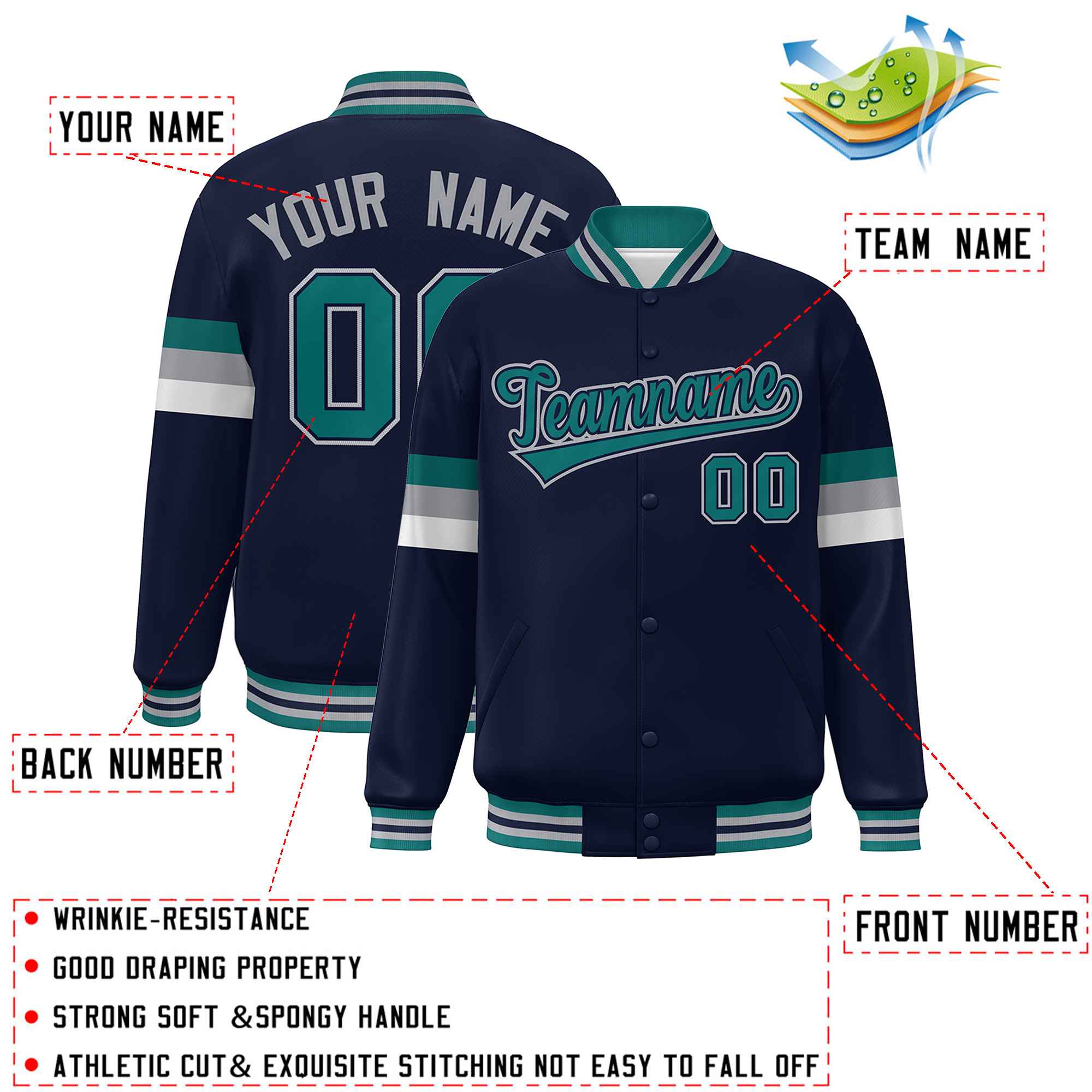 Custom Navy Aqua-Gray Color Block Bomber Varsity Full-Snap Baseball Jacket