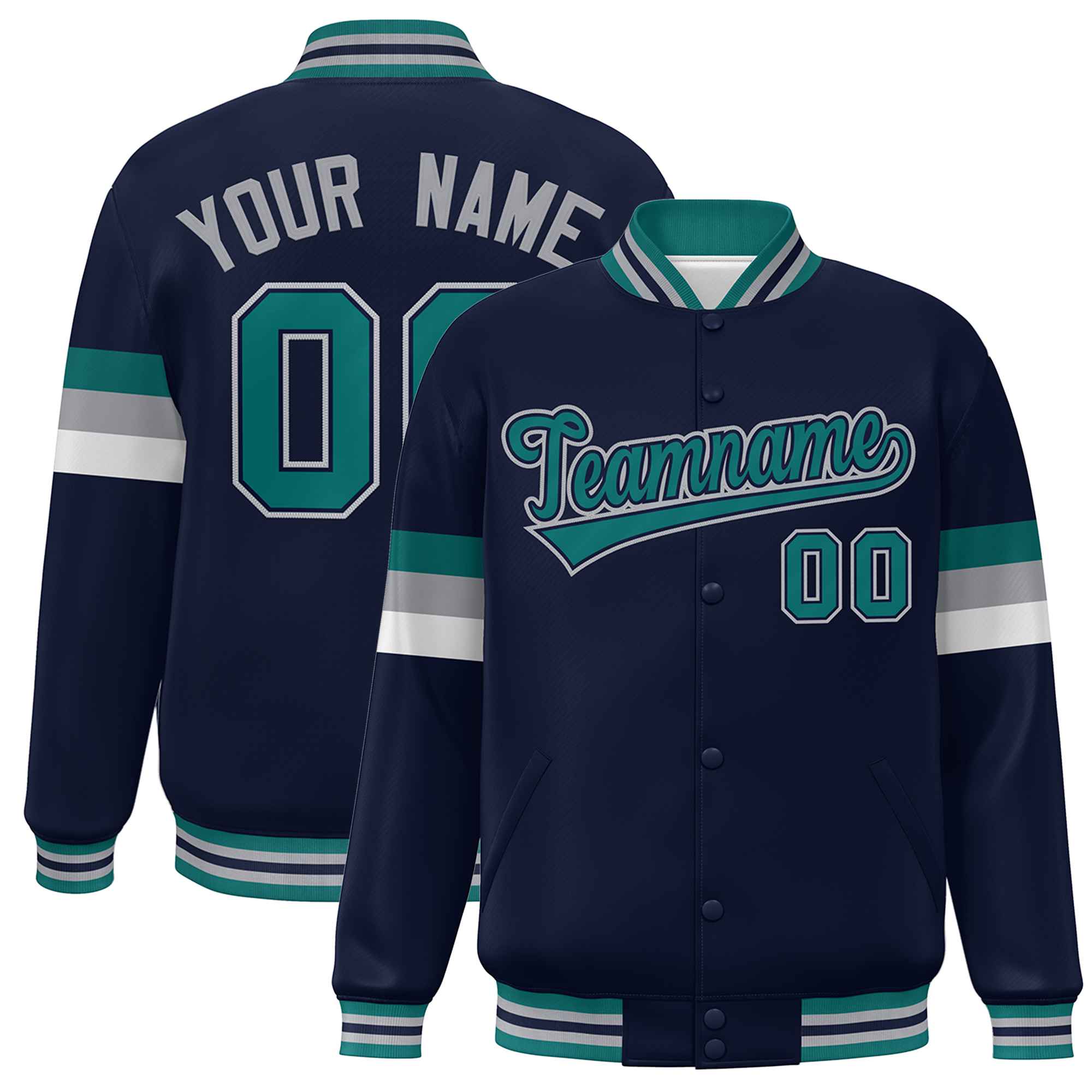 Custom Navy Aqua-Gray Color Block Bomber Varsity Full-Snap Baseball Jacket