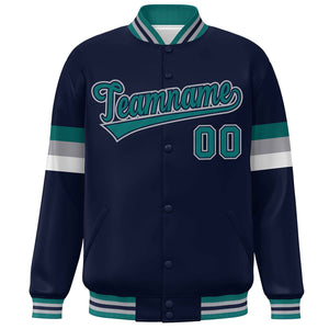 Custom Navy Aqua-Gray Color Block Bomber Varsity Full-Snap Baseball Jacket