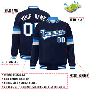 Custom Navy White-Powder Blue Color Block Bomber Varsity Full-Snap Baseball Jacket