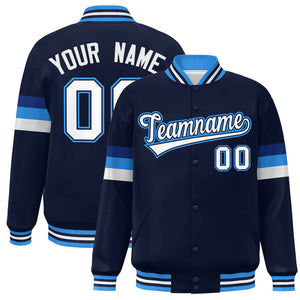 Custom Navy White-Powder Blue Color Block Bomber Varsity Full-Snap Baseball Jacket