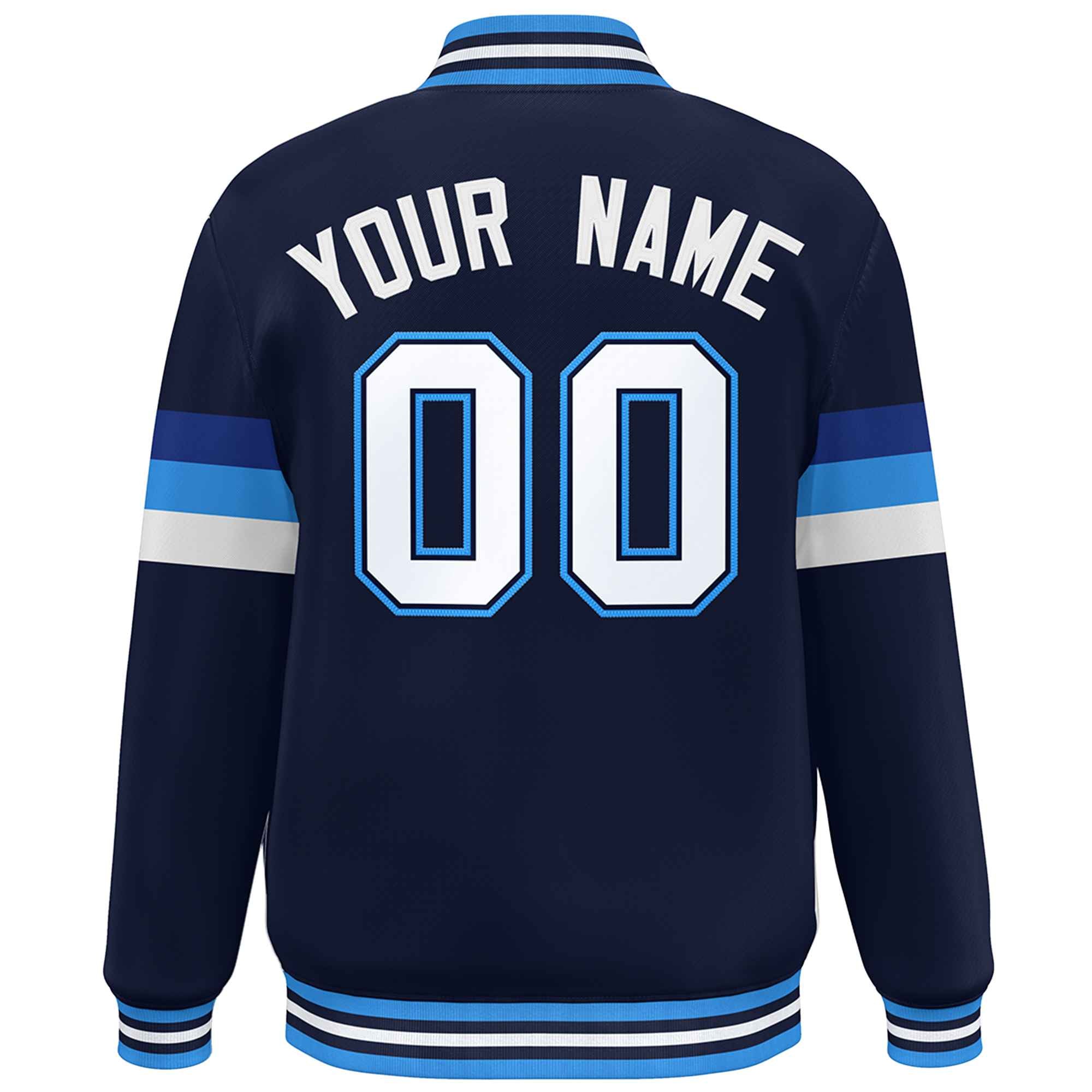 Custom Navy White-Powder Blue Color Block Bomber Varsity Full-Snap Baseball Jacket