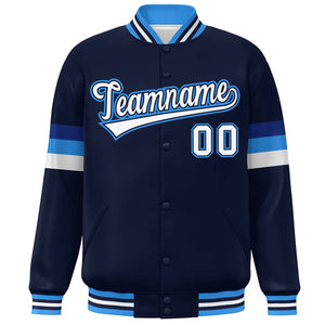 Custom Navy White-Powder Blue Color Block Bomber Varsity Full-Snap Baseball Jacket