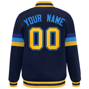 Custom Navy Gold-Powder Blue Color Block Bomber Varsity Full-Snap Baseball Jacket