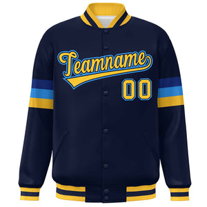 Custom Navy Gold-Powder Blue Color Block Bomber Varsity Full-Snap Baseball Jacket