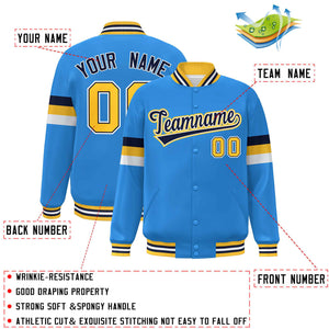 Custom Powder Blue Navy-Gold Color Block Bomber Varsity Full-Snap Baseball Jacket