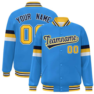 Custom Powder Blue Navy-Gold Color Block Bomber Varsity Full-Snap Baseball Jacket