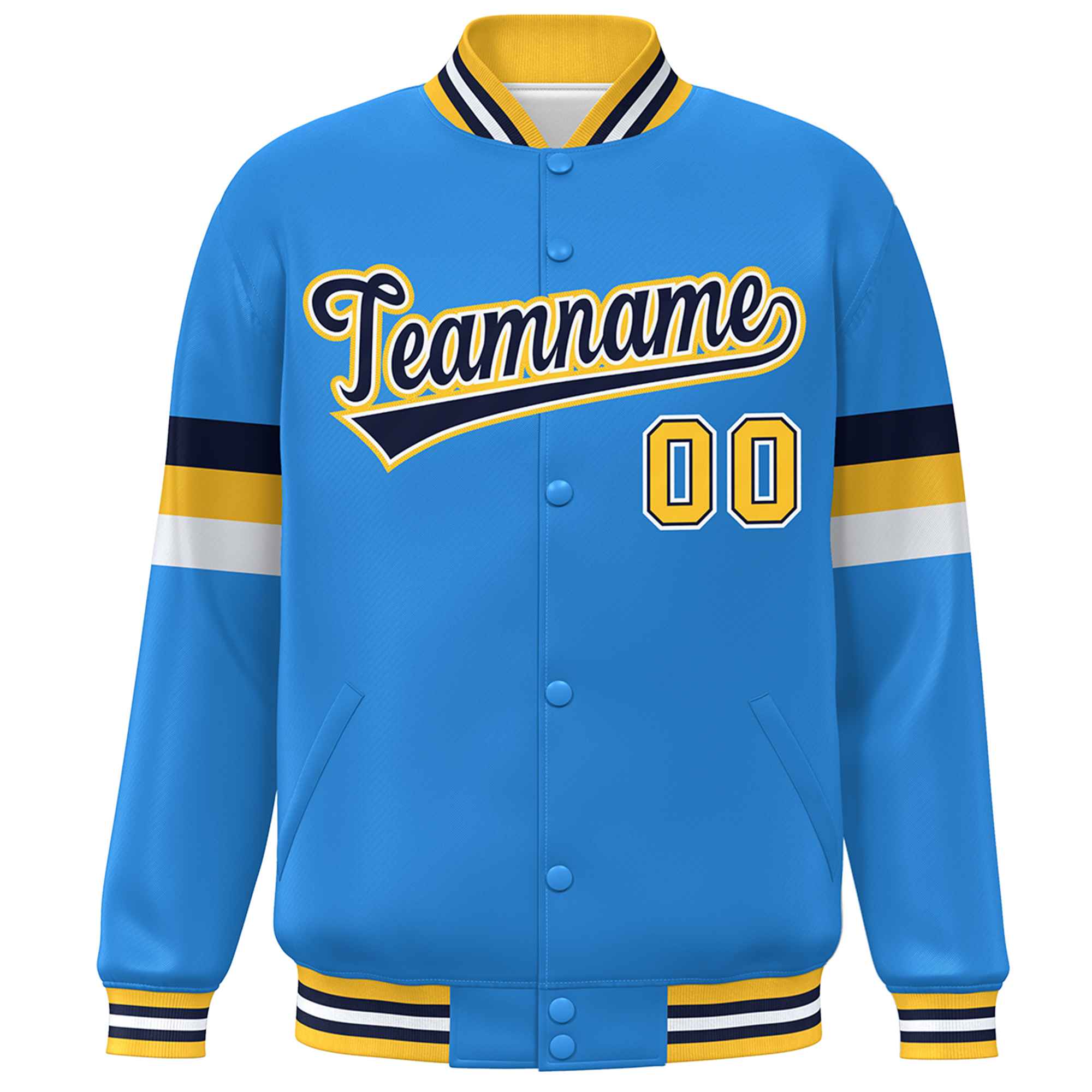 Custom Powder Blue Navy-Gold Color Block Bomber Varsity Full-Snap Baseball Jacket