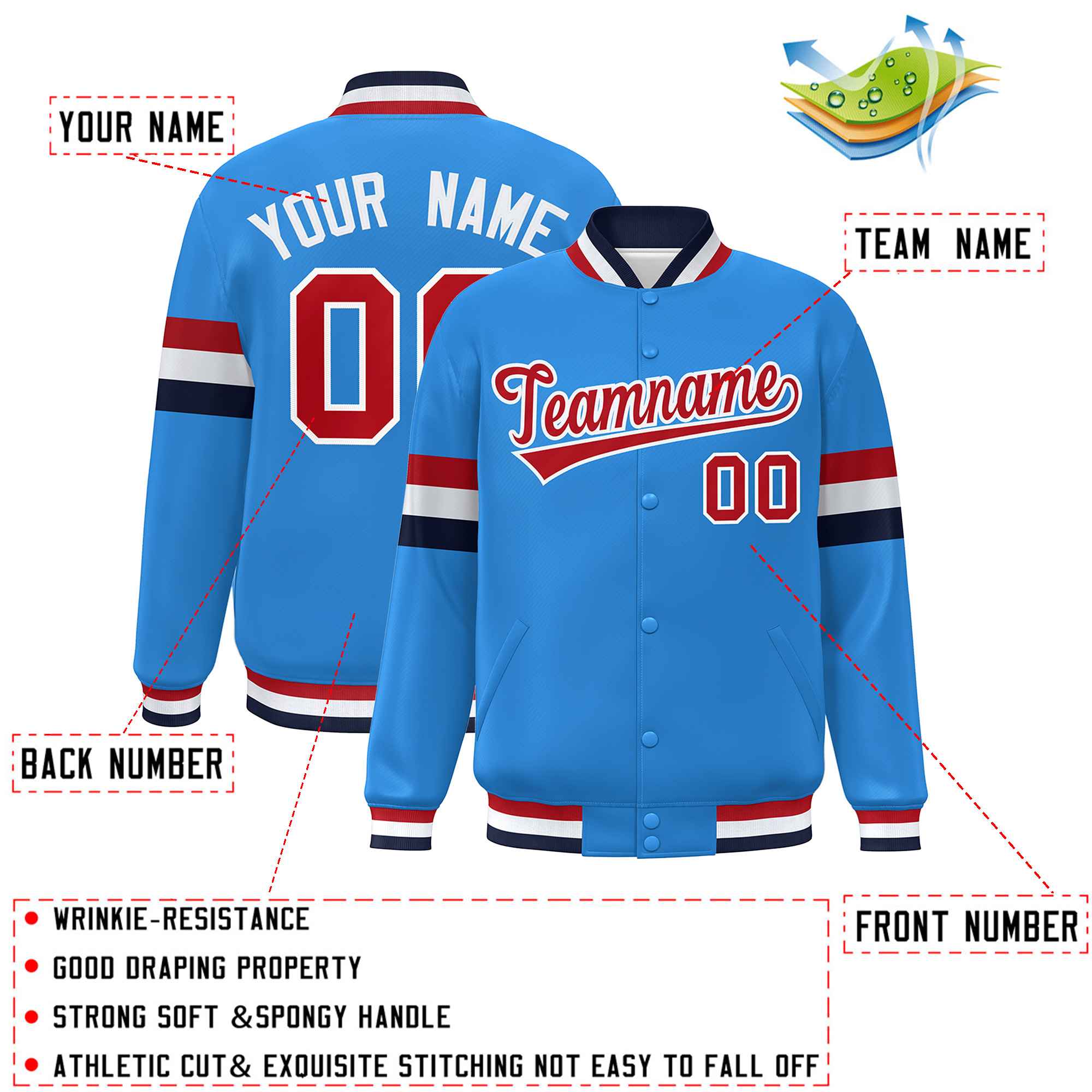 Custom Powder Blue Red-White Color Block Bomber Varsity Full-Snap Baseball Jacket