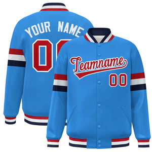 Custom Powder Blue Red-White Color Block Bomber Varsity Full-Snap Baseball Jacket