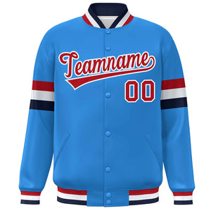 Custom Powder Blue Red-White Color Block Bomber Varsity Full-Snap Baseball Jacket