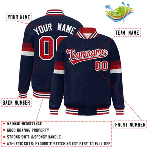 Custom Navy Red-White Color Block Bomber Varsity Full-Snap Baseball Jacket