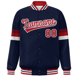 Custom Navy Red-White Color Block Bomber Varsity Full-Snap Baseball Jacket