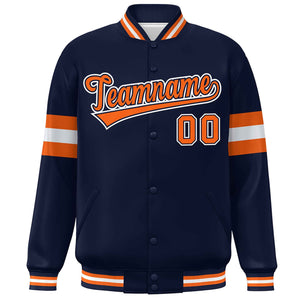 Custom Navy Orange-White Color Block Bomber Varsity Full-Snap Baseball Jacket