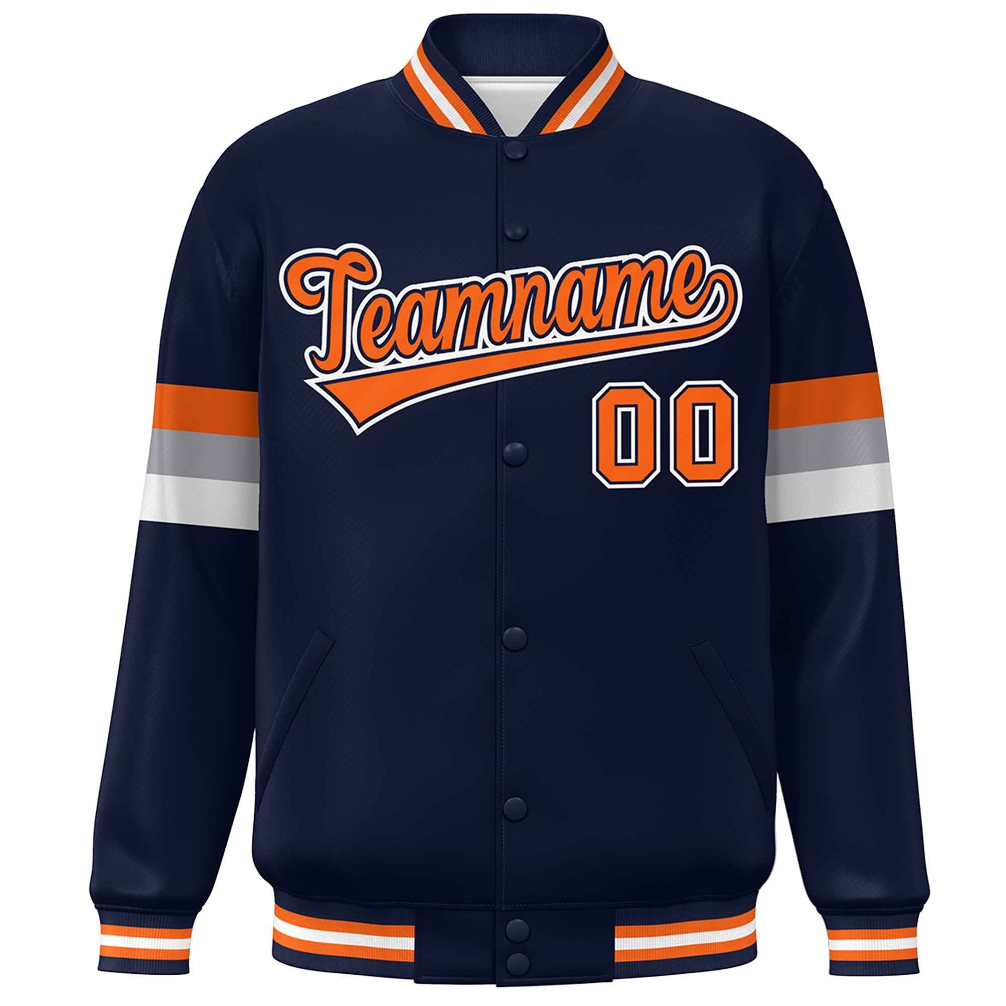 Custom Navy Orange-White Color Block Bomber Varsity Full-Snap Baseball Jacket