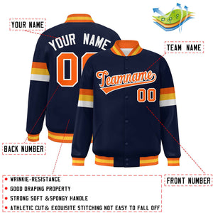 Custom Navy Orange-White Color Block Bomber Varsity Full-Snap Baseball Jacket