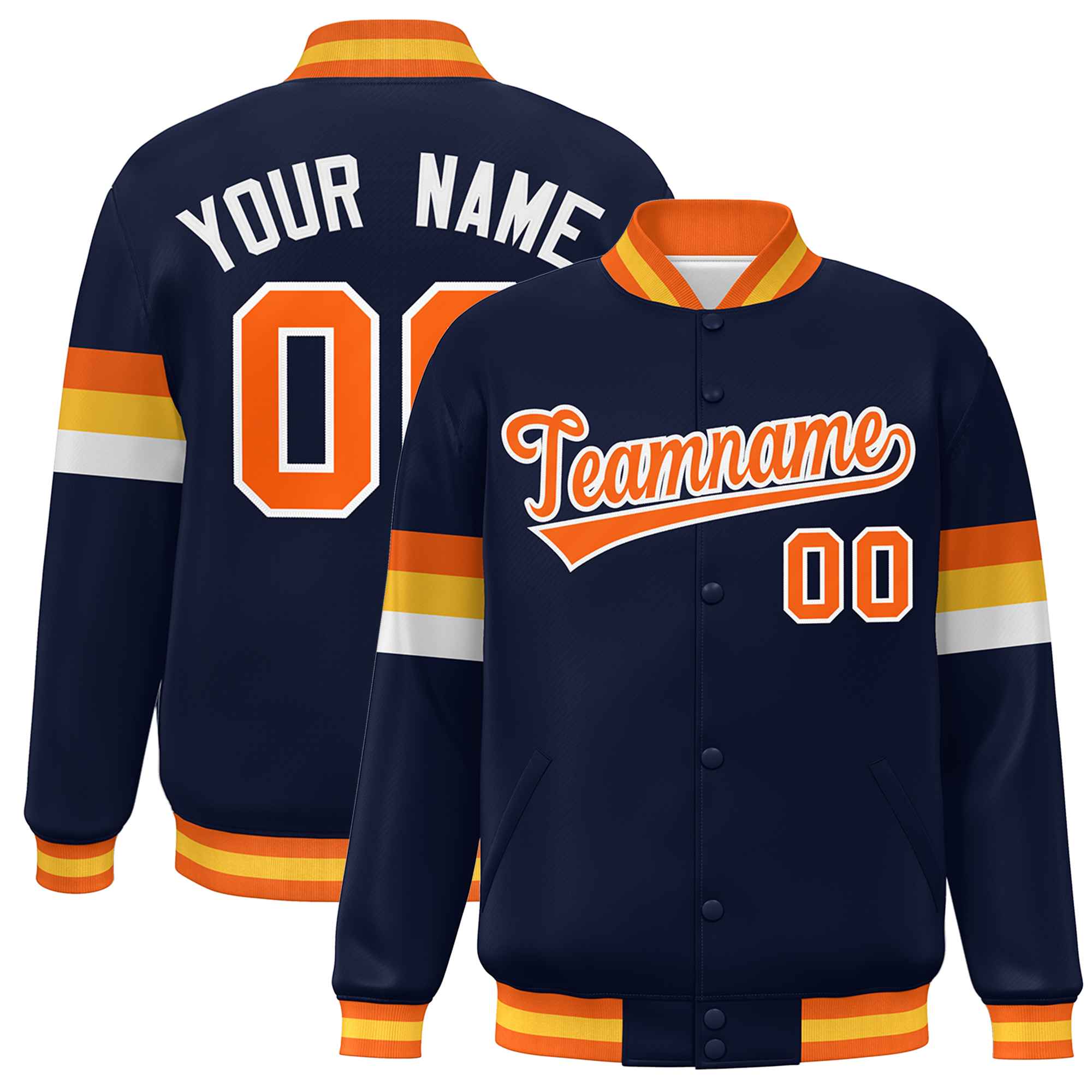 Custom Navy Orange-White Color Block Bomber Varsity Full-Snap Baseball Jacket