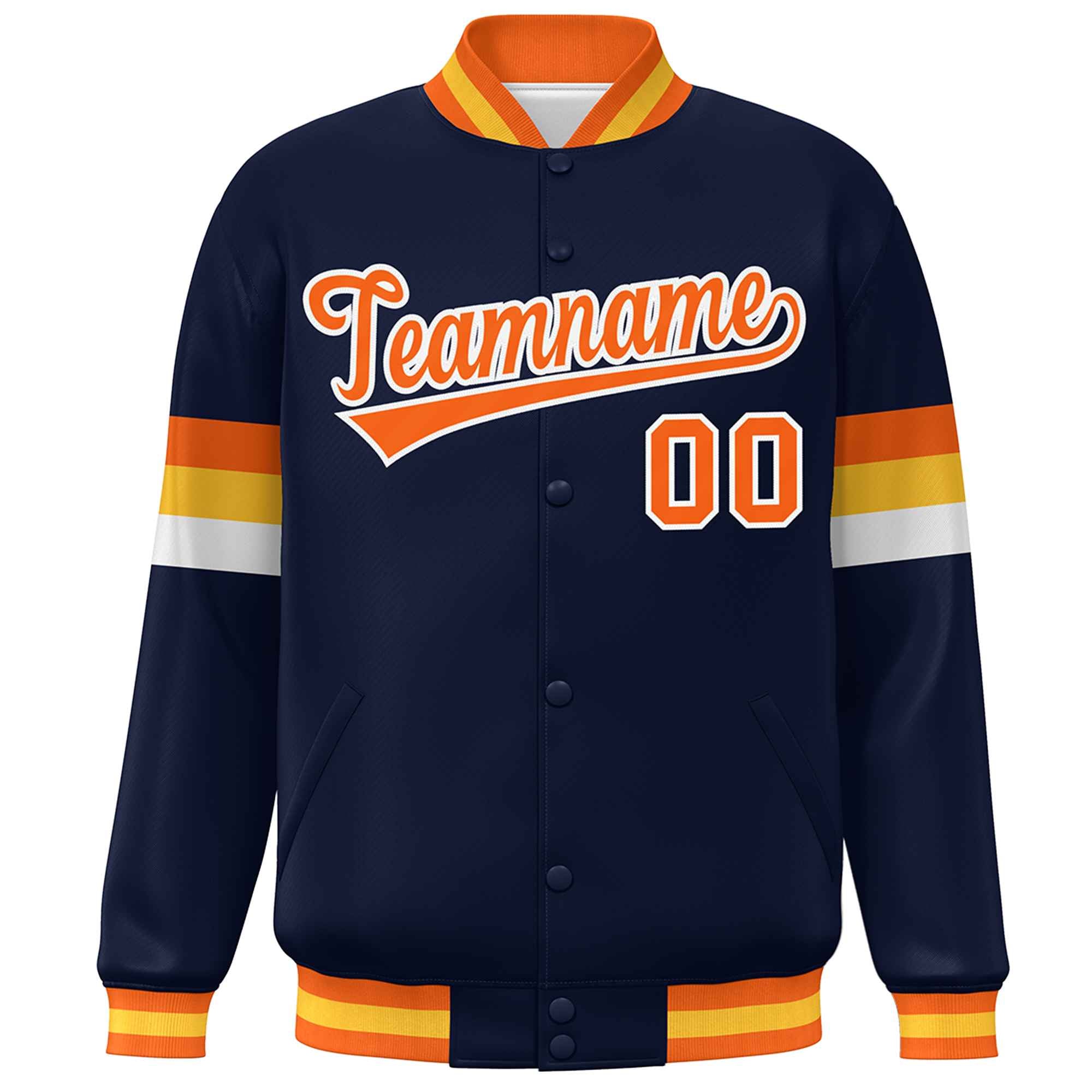 Custom Navy Orange-White Color Block Bomber Varsity Full-Snap Baseball Jacket