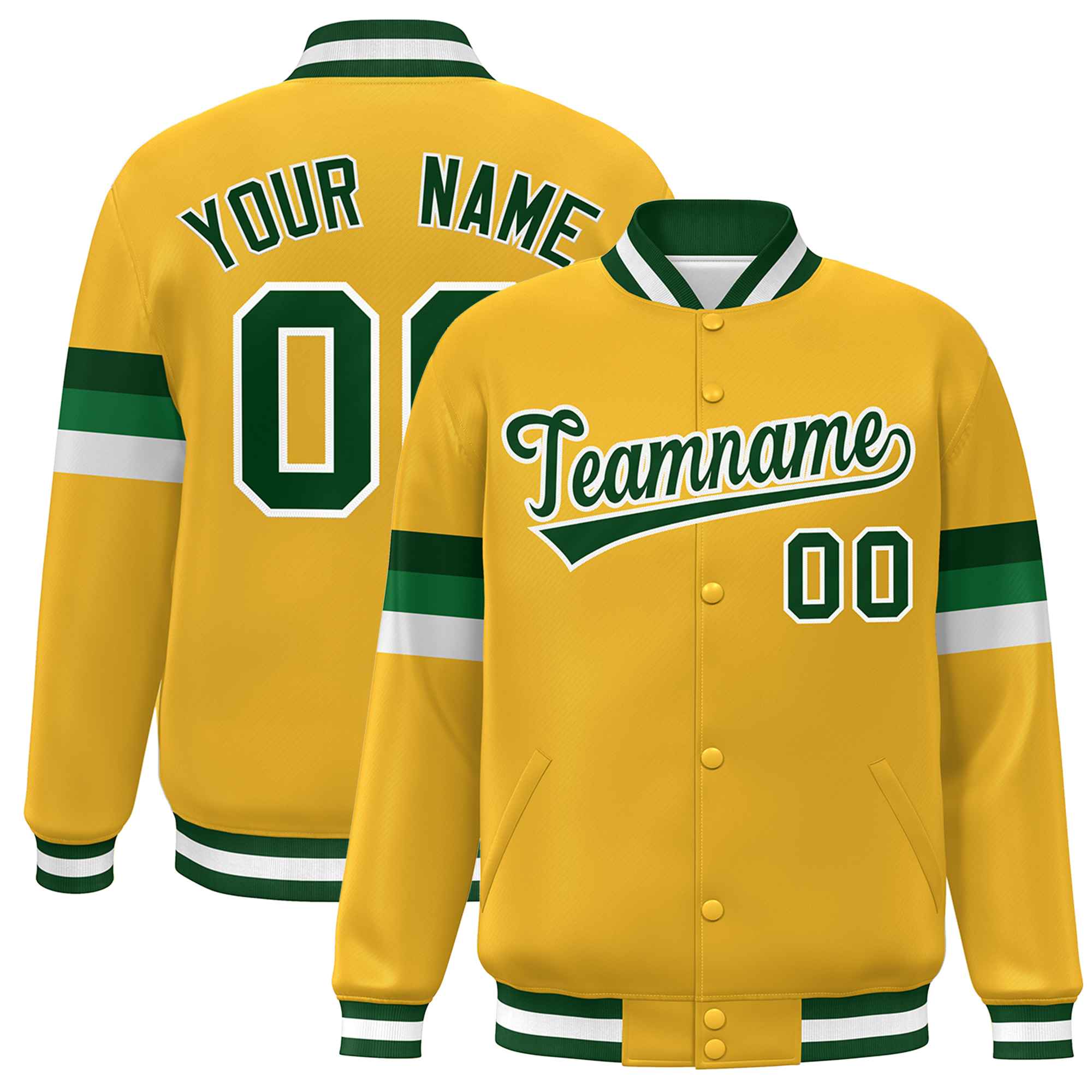 Custom Gold Green-White Color Block Bomber Varsity Full-Snap Baseball Jacket