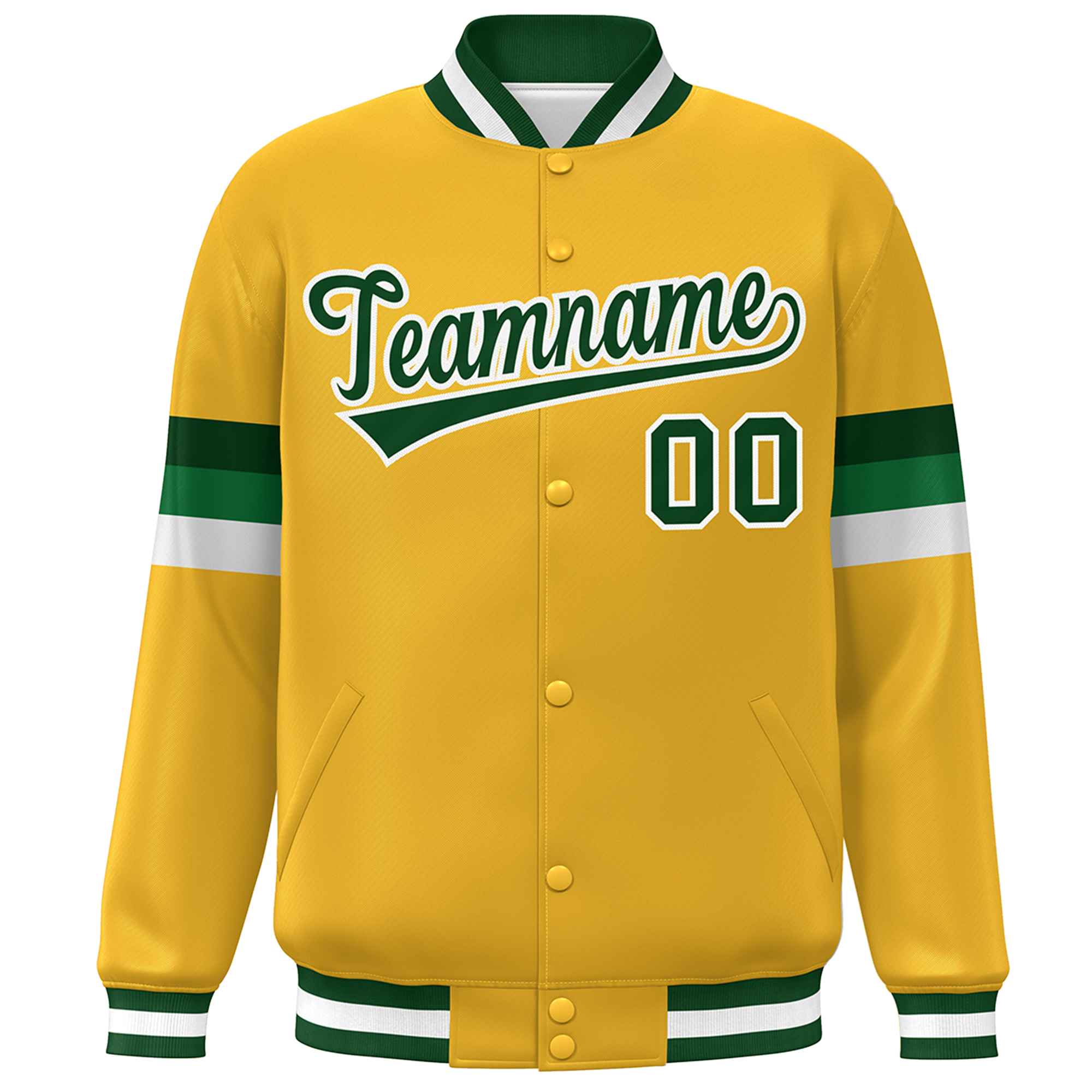 Custom Gold Green-White Color Block Bomber Varsity Full-Snap Baseball Jacket