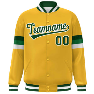 Custom Gold Green-White Color Block Bomber Varsity Full-Snap Baseball Jacket