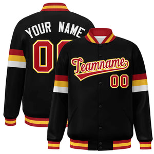 Custom Black Red-Gold Color Block Bomber Varsity Full-Snap Baseball Jacket