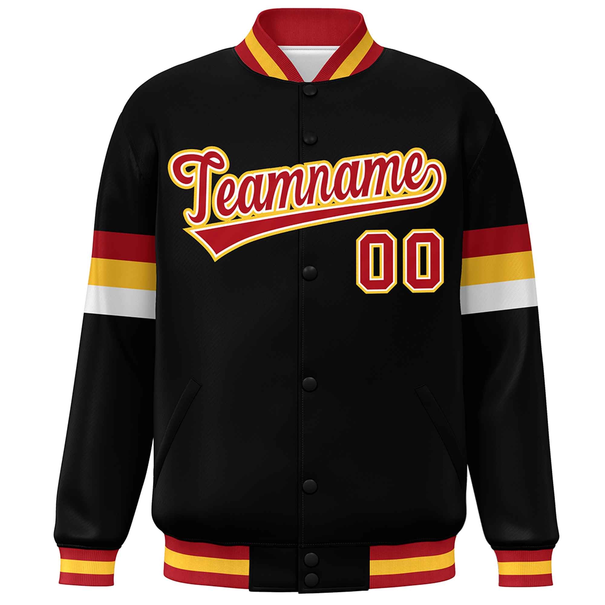 Custom Black Red-Gold Color Block Bomber Varsity Full-Snap Baseball Jacket