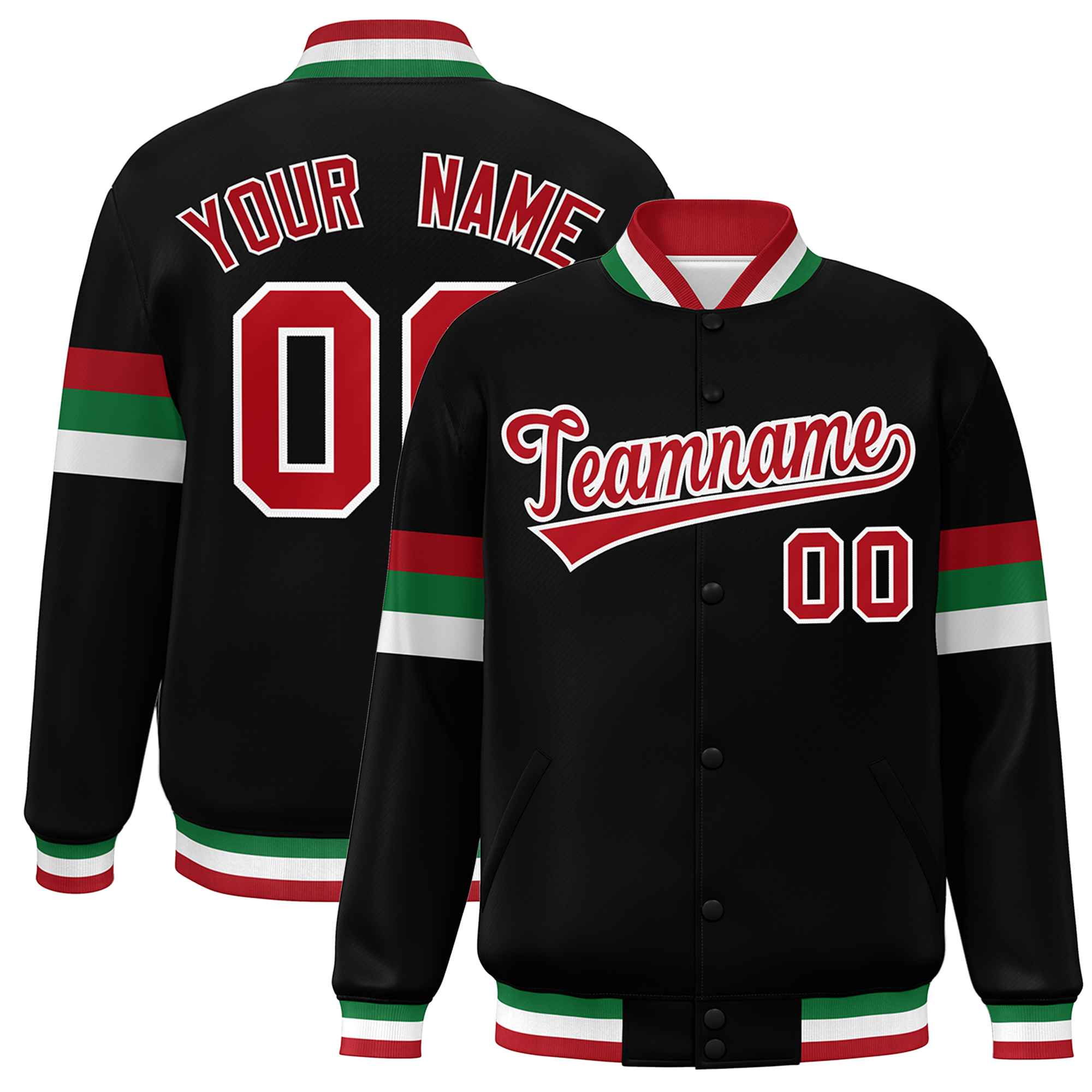 Custom Black Red-White Color Block Bomber Varsity Full-Snap Baseball Jacket