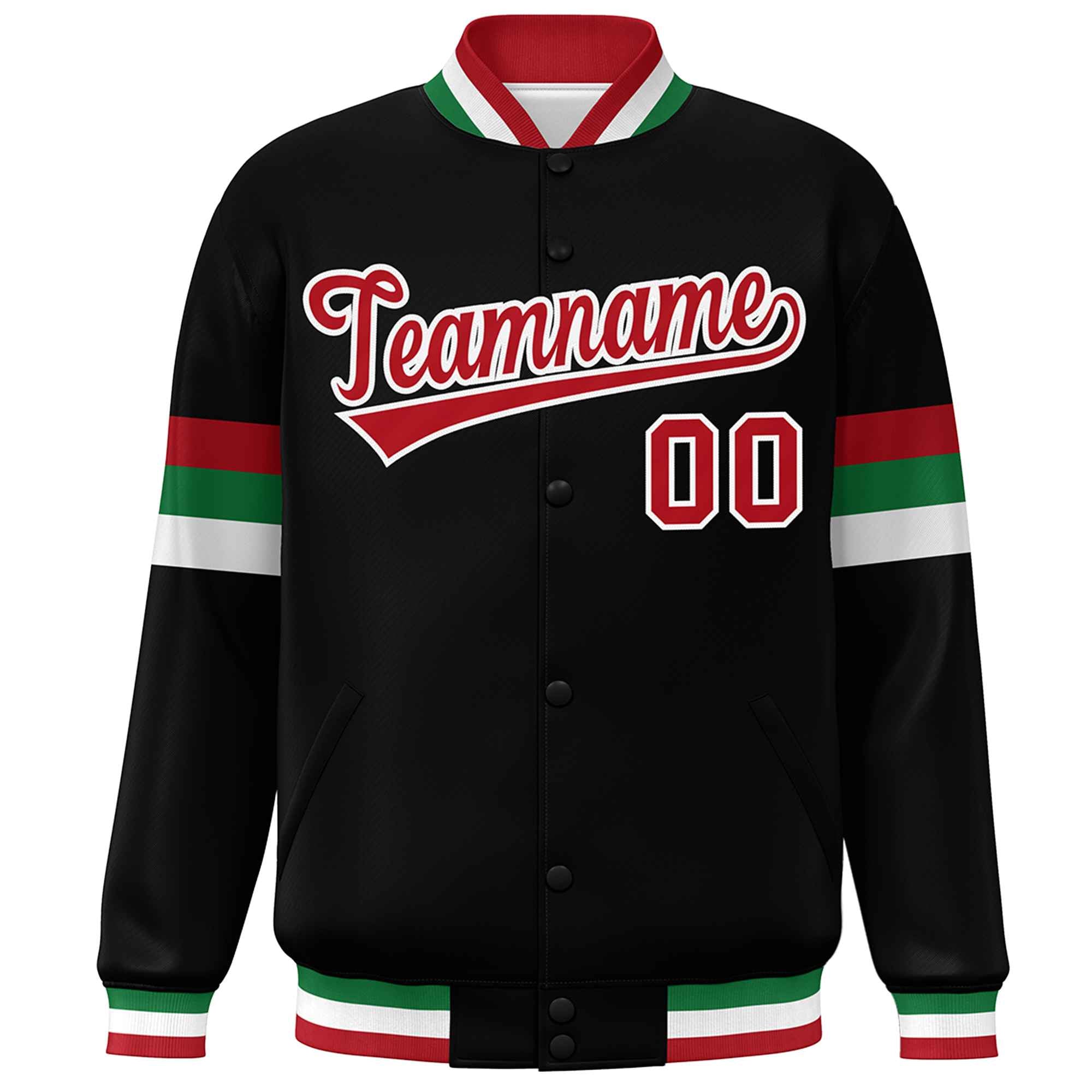 Custom Black Red-White Color Block Bomber Varsity Full-Snap Baseball Jacket