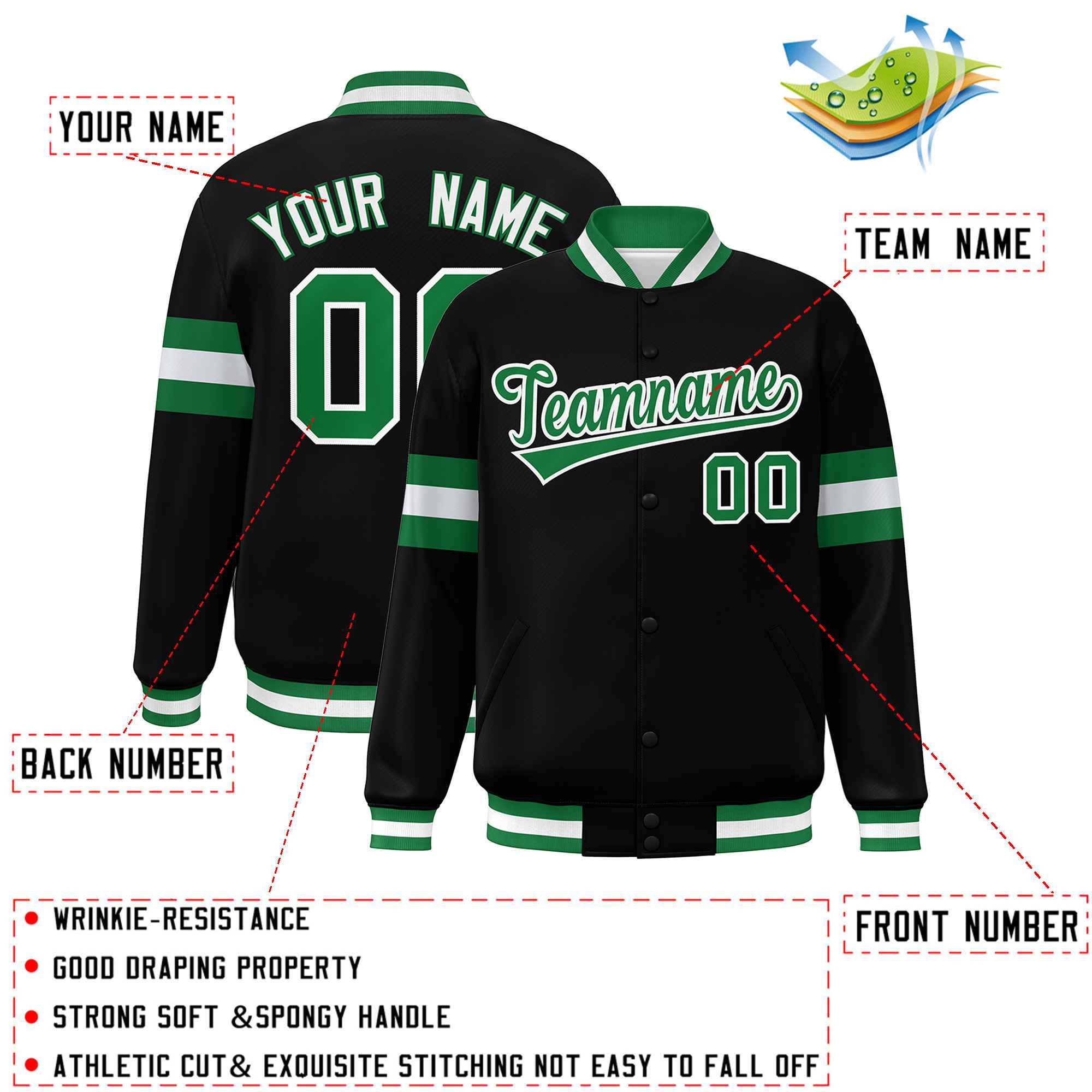 Custom Black Kelly Green-White Color Block Bomber Varsity Full-Snap Baseball Jacket